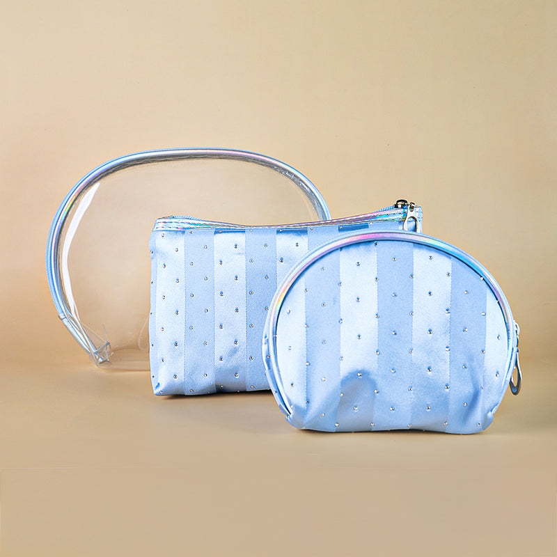 Mumuso 3pc set of Transparent Shell Shaped Makeup Bags with Diamond Dotting - Blue