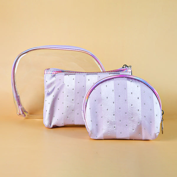 Mumuso 3pc set of Transparent Shell Shaped Makeup Bags with Diamond Dotting - Purple