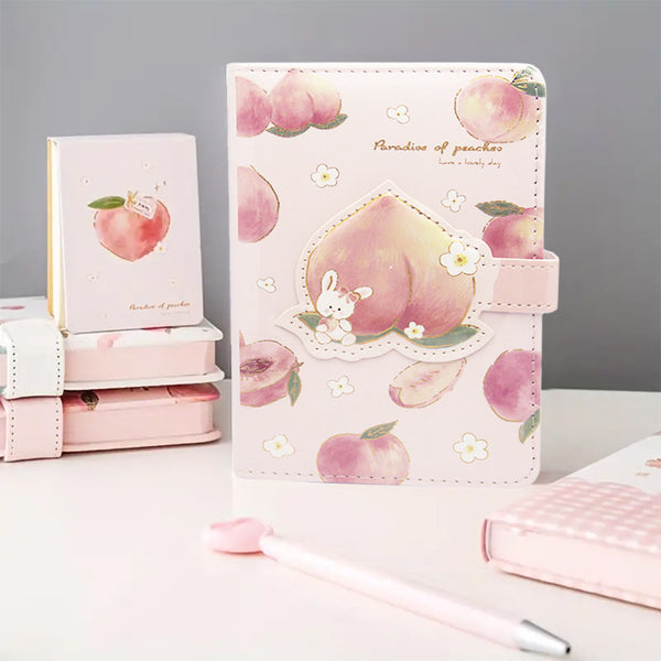 Mumuso Horizontal Line A6 Notebook Hard Bound With Peach Design Plastic Cover And Small Peach Shape Magnetic Buckle