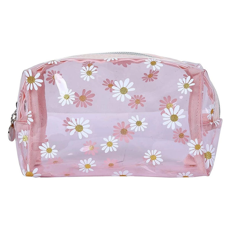 Mumuso Transparent Cosmetic Bag With Daisy Flower Printed Design - Pink