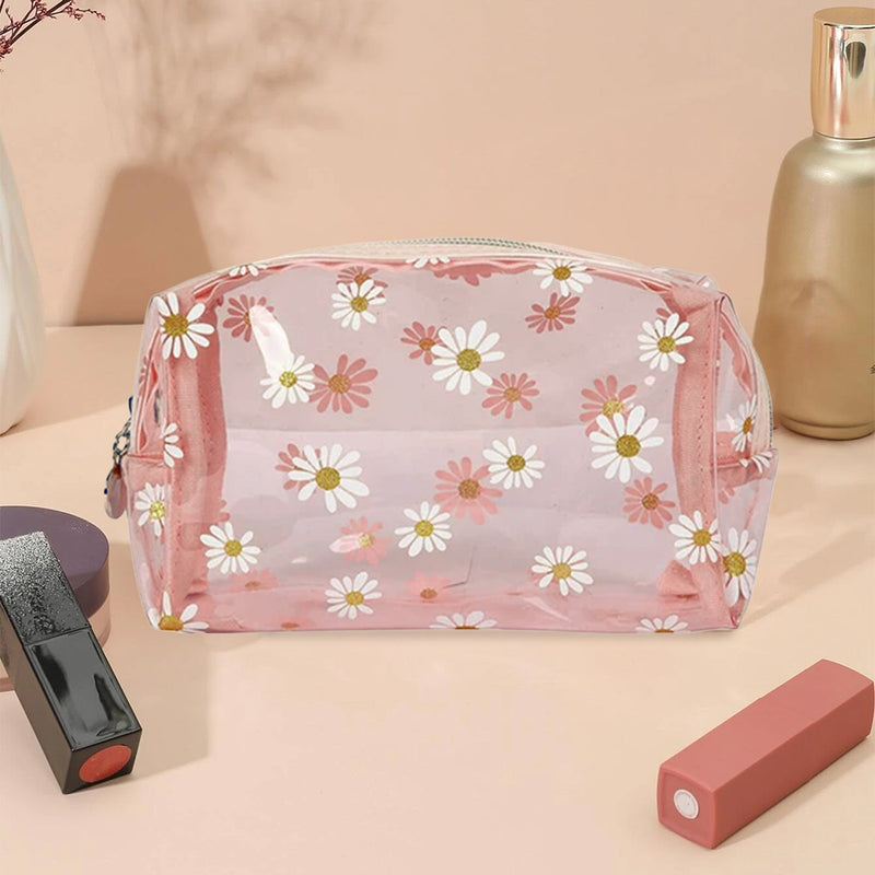Mumuso Transparent Cosmetic Bag With Daisy Flower Printed Design - Pink