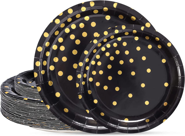 Mumuso Disposable Dinner Plate 9 Inches With Gold Dots Design 10 Pieces Per Pack - Black