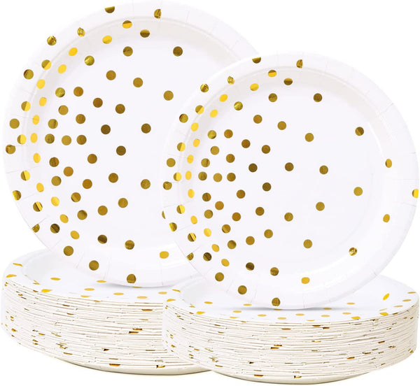 Mumuso Disposable Dinner Plate 7 Inches With Gold Dots Design 10 Pieces Per Pack - White