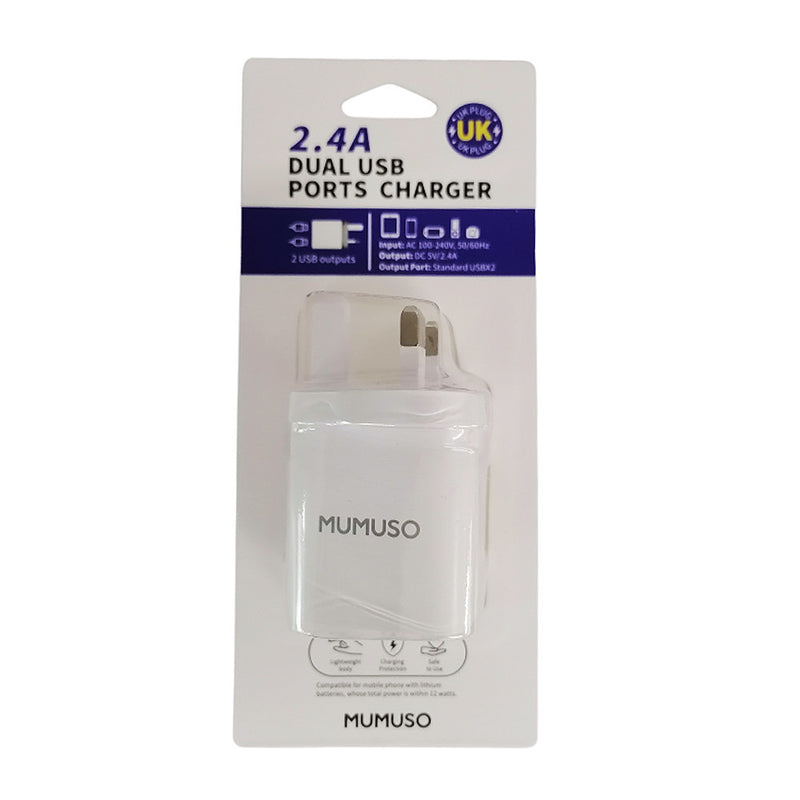Mumuso Dual Port Fast Charging Adapter With UK Plug 5.0v And 2.4A, White